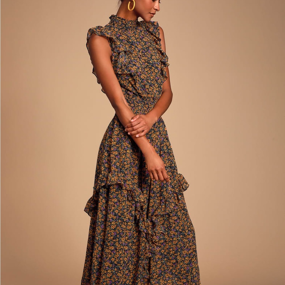 Evalina Mustard Yellow Mock Neck MIDI Dress Lulu’s XS